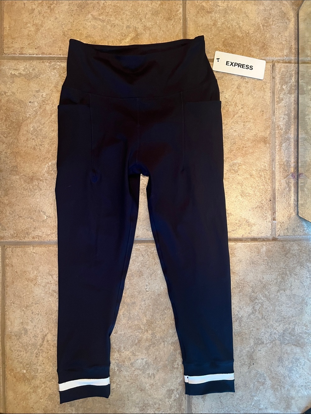 Express Navy High-Waist Cropped Leggings with White Stripe